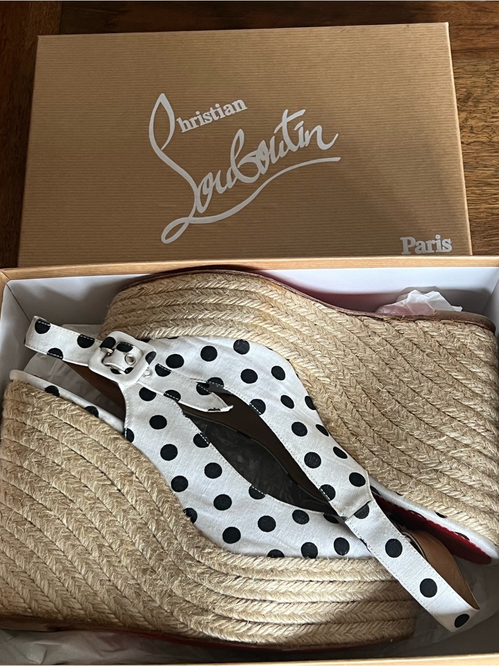 Christian Louboutin White and Black Polka Dot Espadrille Wedge Slingbacks - Picture 5 of 5